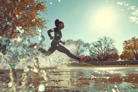 Young African American woman running over the water. Sports and wellbeing concept. High quality photoの素材