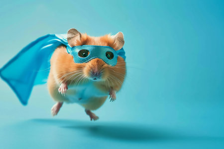 Adorable superhero Syrian hamster with a cloak isolated on blue background. Cute pets. High quality photoの素材