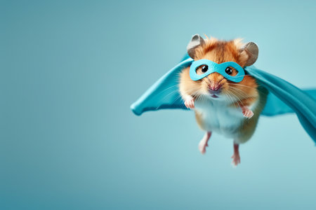Adorable superhero Syrian hamster with a cloak isolated on blue background. Cute pets. High quality photoの素材