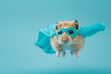 Adorable superhero Syrian hamster with a cloak isolated on blue background. Cute pets. High quality photoの素材