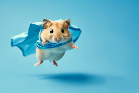Adorable superhero Syrian hamster with a cloak isolated on blue background. Cute pets. High quality photoの素材