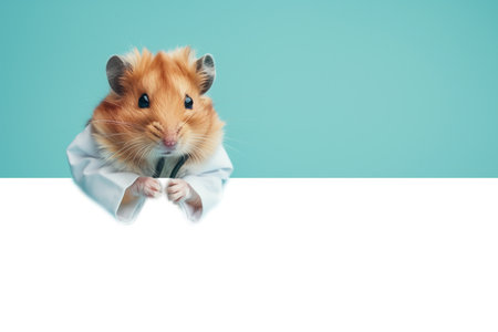 Veterinary concept. Hamster health care. Cute syrian hamster doctor isolated on blue background. High quality photoの素材
