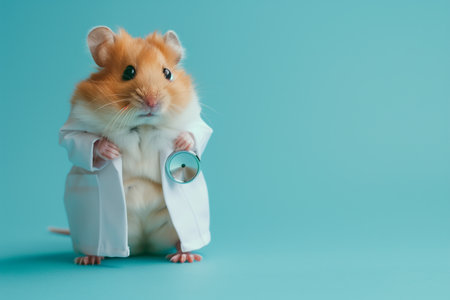 Veterinary concept. Hamster health care. Cute syrian hamster doctor isolated on blue background. High quality photoの素材