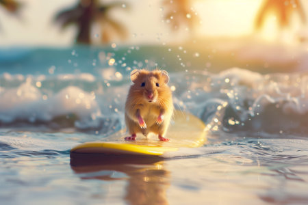Summer vacation for pets. Adorable hamster surving on tropical beach waves. High quality photoの素材