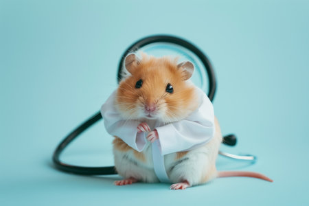Veterinary concept. Hamster health care. Cute syrian hamster doctor isolated on blue background. High quality photoの素材
