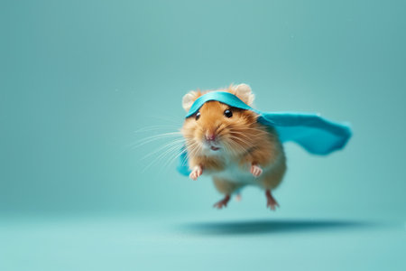Adorable superhero Syrian hamster with a cloak isolated on blue background. Cute pets. High quality photoの素材