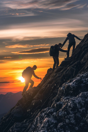 Team efffort and leadership. People climbing on the mountain peak and helping each other. High quality photoの素材
