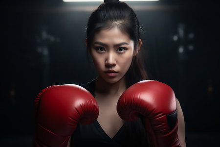 Portrait of young Asian woman with boxing gloves. High quality photoの素材