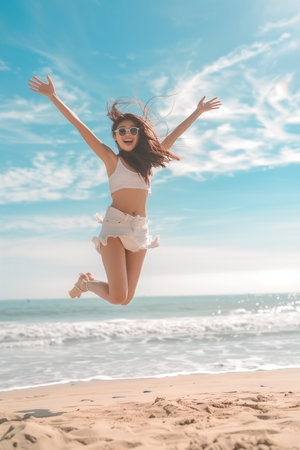cute asian girl with sunglasses jumps on the sandy beach. High quality photoの素材