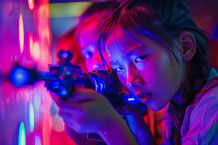 Kids activities. Playing laser tag, neon colors. High quality photoの素材