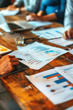 Financial reporting and audit concept. Bills charts statements and business people arrounf the table. High quality photoの素材