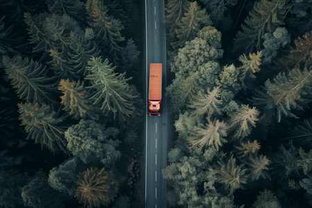 aerial view of a heavy truck on a narrow road through forest. High quality photoの素材
