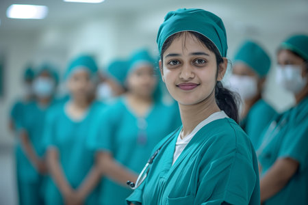 Portrait of young Indian nurse or a doctor intern with colleagues. High quality photoの素材