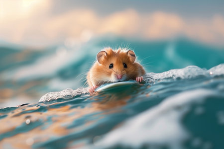 Summer vacation for pets. Adorable hamster surving on tropical beach waves. High quality photoの素材