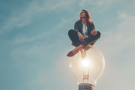 Critical thinking concept. Illustration of a woman and light bulb with copy space. creative ideas. High quality photoの素材