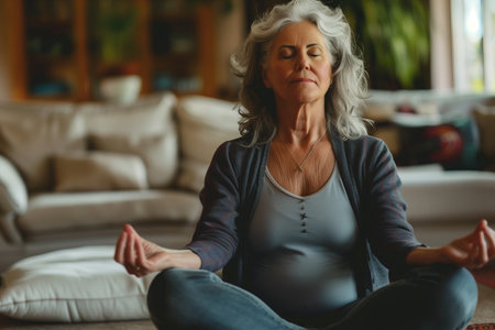 Middle aged woman meditating at home with eyes closed, relaxing body and mind in a living room. Mental health and meditation for no stress concept. Self care and wellbeing. High quality photoの素材