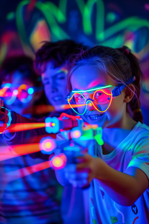Kids activities. Playing laser tag, neon colors. High quality photoの素材