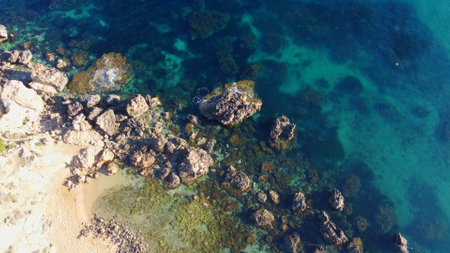 Rocky beach and sapphire sea water on the Maltese island, mediterranean sea, Ghajn Tuffieha bay , Malta. High quality photoの写真素材