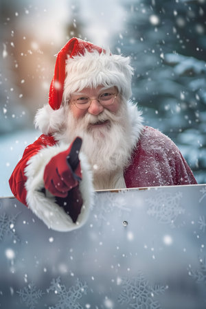 Santa claus pointing finger on empty space. Christmas advertising. Winter christmas background. High quality photoの素材