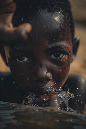 Young African American child drinking water. Thirst and hunger social issues. High quality photoの素材
