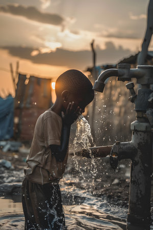 Young African American child drinking water. Thirst and hunger social issues. High quality photoの素材