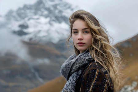 Smiling woman photo portrait, happy beautiful person outdoor, winter travel lifestyle, winter. mountains in the background. High quality photoの素材