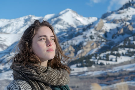 Smiling woman photo portrait, happy beautiful person outdoor, winter travel lifestyle, winter. mountains in the background. High quality photoの素材
