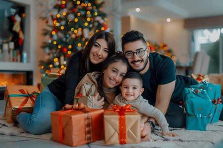 Happy family with presents in front of the christmas tree. High quality photoの素材