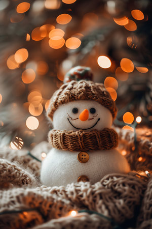 snowman with bokeh in the back. Cute children winter background. High quality photoの素材