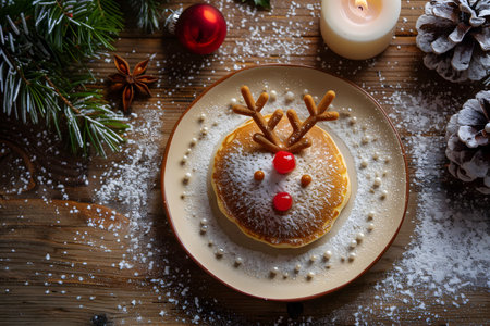 reindeer pancakes. Christmas dessert ideas. High quality photoの素材