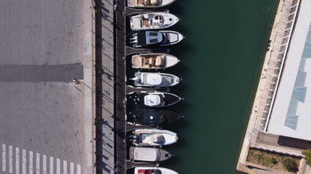 Aerial view boats and yachts moored in marina. . High quality photoの写真素材