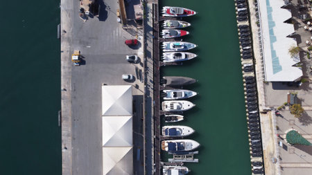 Aerial view boats and yachts moored in marina. . High quality photoの写真素材