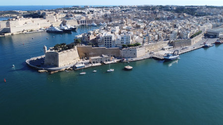 Aerial view of Gardjola gardens - safe heaven gardens, Senglea Point, revealing Fort St. Angelo on the left and Birgu waterfront with Malta Maritime museum. . High quality photoの写真素材