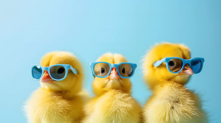 Adorable chicks with sunglasses isolate don a blue background . Easter background,. High quality photoの素材