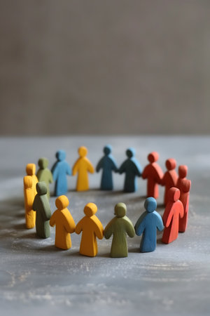 A group of small, colorful figurines arranged in a circle on an abstract, colorful background showcasing unity and teamwork. High quality photoの素材