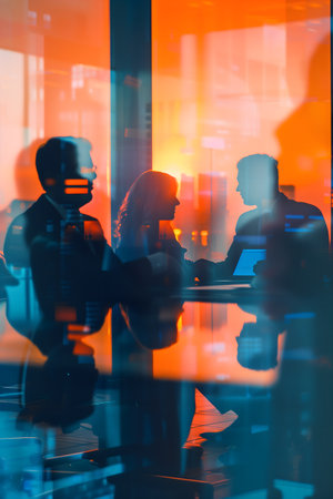 Abstract Silhouettes of People Moving in a Colorful Modern Interior Design, Board meeting. High quality photoの素材