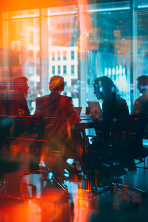 Silhouettes in a Corporate Meeting with a Cityscape Background. High quality photoの素材