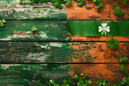 Colorful Irish-themed composition featuring a vintage rustic flag design with shamrocks, embodying the St. Patrickâs Day festive spirit and Irish cultural ambiance.の写真素材