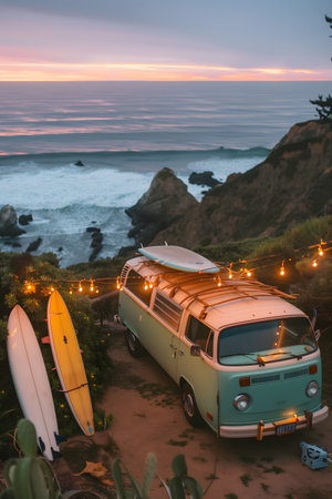 A classic camper van with surfboards on a coastal cliff during a sunset, surrounded by string lights and ocean views. Ideal concept for travel, adventure, and serene beach getaways.の素材