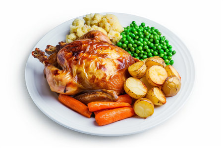 Appetizing roast chicken served with golden potatoes, carrots, green peas, and mashed potatoes on a white ceramic plate, showcasing a traditional and hearty meal, perfect for celebrating occasions or enjoying family dinners.の素材