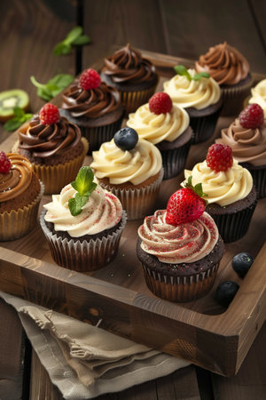 An assortment of beautifully decorated gourmet cupcakes placed on a wooden tray, featuring chocolate, vanilla, and fruity toppings, perfect for celebrations, dessert presentations, and culinary delights.の素材