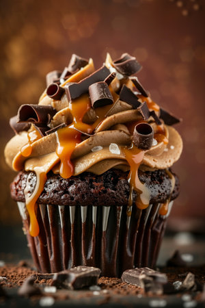 Delicious chocolate cupcake adorned with rich caramel drizzle, chocolate shavings, and creamy frosting, perfect for dessert lovers and showcasing indulgent culinary artistry.の素材
