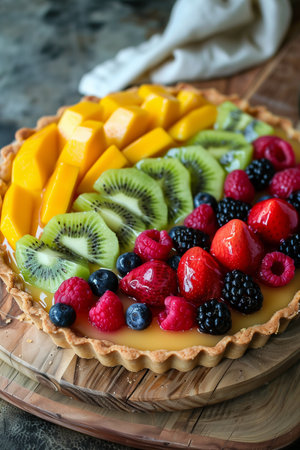 A colorful fruit tart filled with a variety of fresh mango, kiwi, and berries on a wooden base, capturing a delicious dessert perfect for any occasion or celebration.の素材