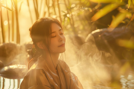 A tranquil scene featuring a serene woman immersed in a warm bamboo forest spa, with golden sunlight filtering through the trees and gentle steam rising, evoking a sense of peace and relaxation.の素材
