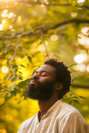A serene scene featuring a young man with a calm expression surrounded by sunlight-filtered leaves, evoking relaxation and harmony with nature.の素材