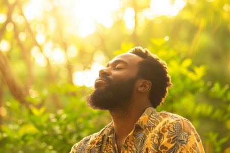 A calm man sits amidst lush greenery, basking in golden sunlight and serene vibes. Capturing feelings of peace, nature, and relaxation during a tranquil outdoor moment.の素材