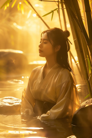 A peaceful scene of a woman in traditional attire meditating in a serene setting surrounded by bamboo and glowing sunlight, evoking tranquility and harmony with nature.の素材