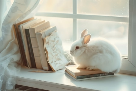 A fluffy white rabbit perched atop a stack of books on a bright windowsill, with sunlight softly illuminating the scene, creating a warm and serene atmosphere.の素材