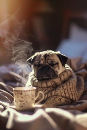 A cute pug wrapped in a warm sweater sits cozy on a shaded bed while enjoying the ambiance of a steaming cup of tea nearby, reflecting warmth, relaxation, and tranquility.の素材