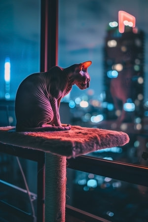 A Sphynx cat sits gracefully on a cat tree, gazing out at a colorful urban nighttime cityscape. The vibrant bokeh lights create an atmospheric and modern mood. A quiet moment of contemplation.の素材